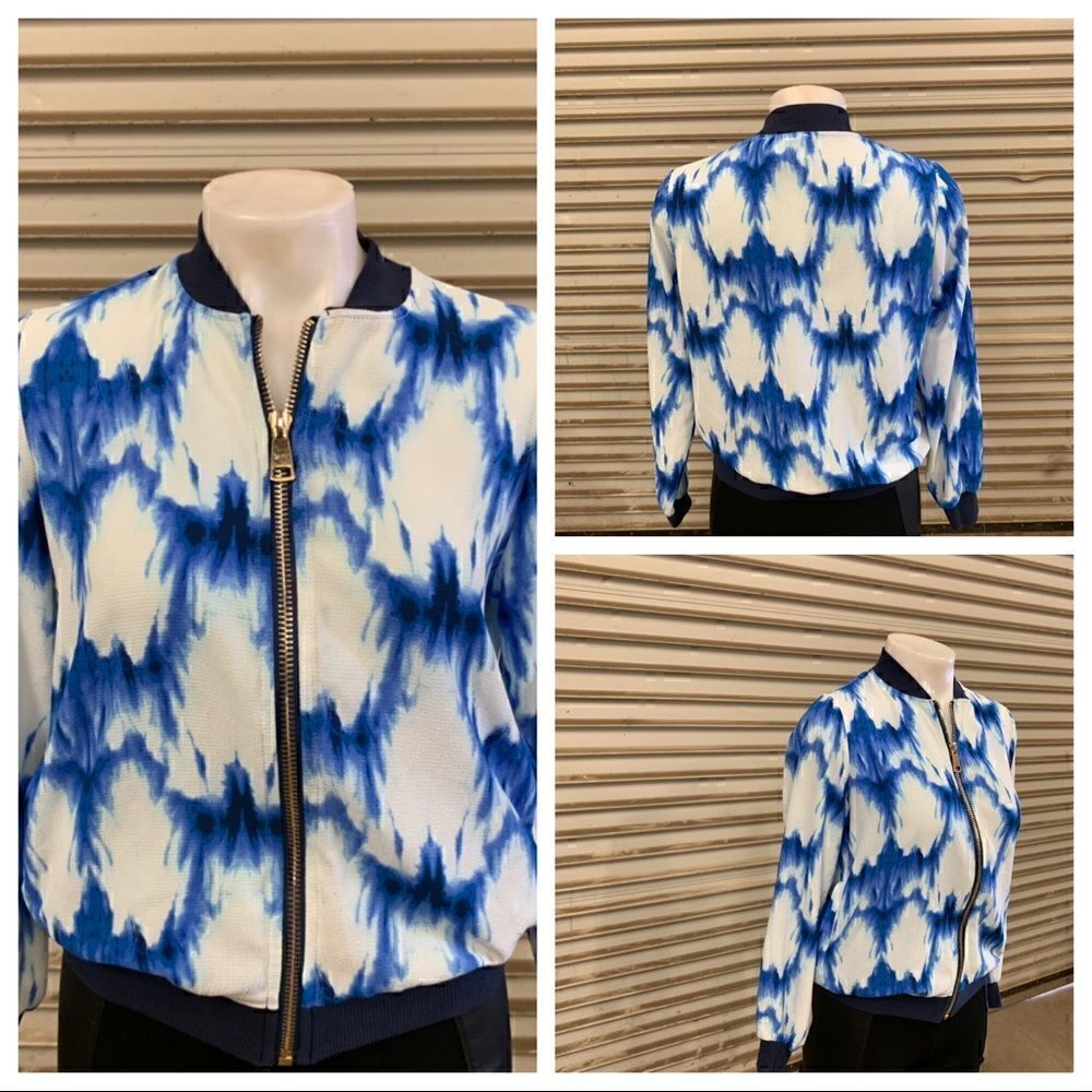 It Girl zip up long sleeve jacket blue and white